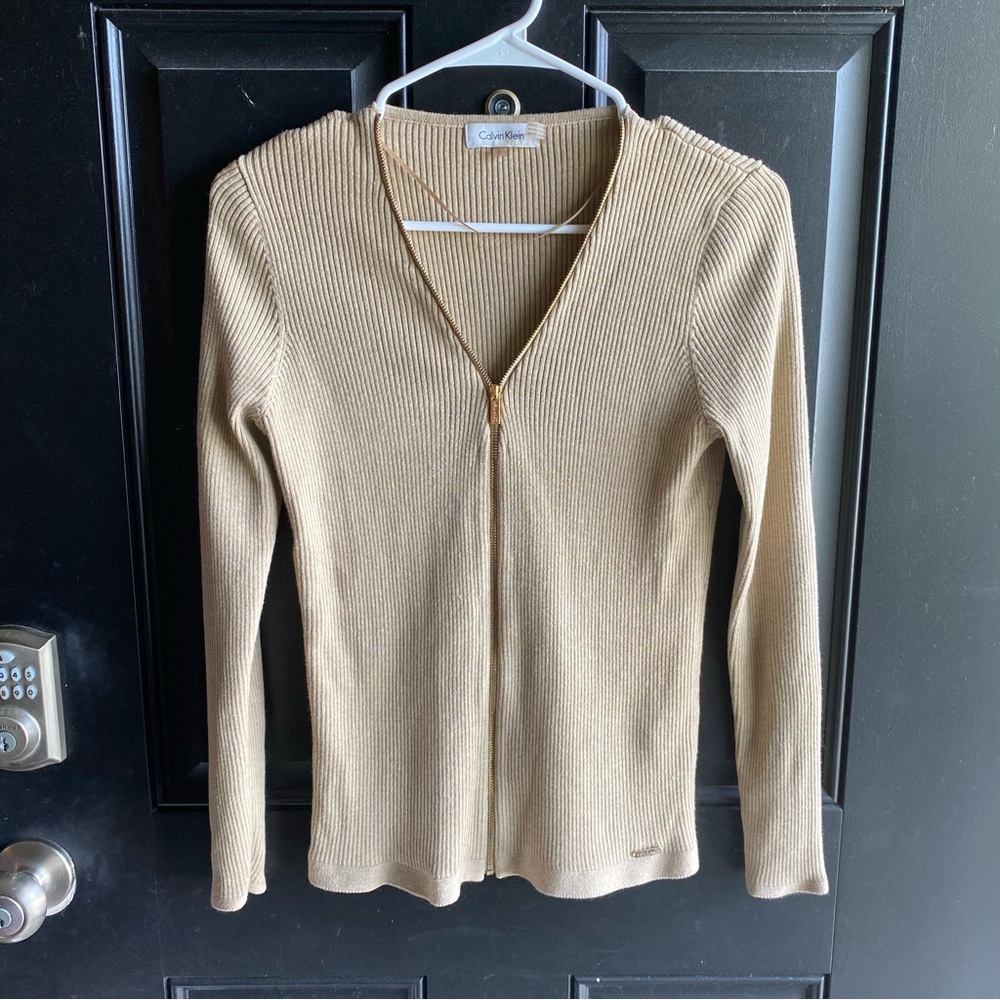 Calvin Klein Tan Ribbed Zip-Front Cardigan